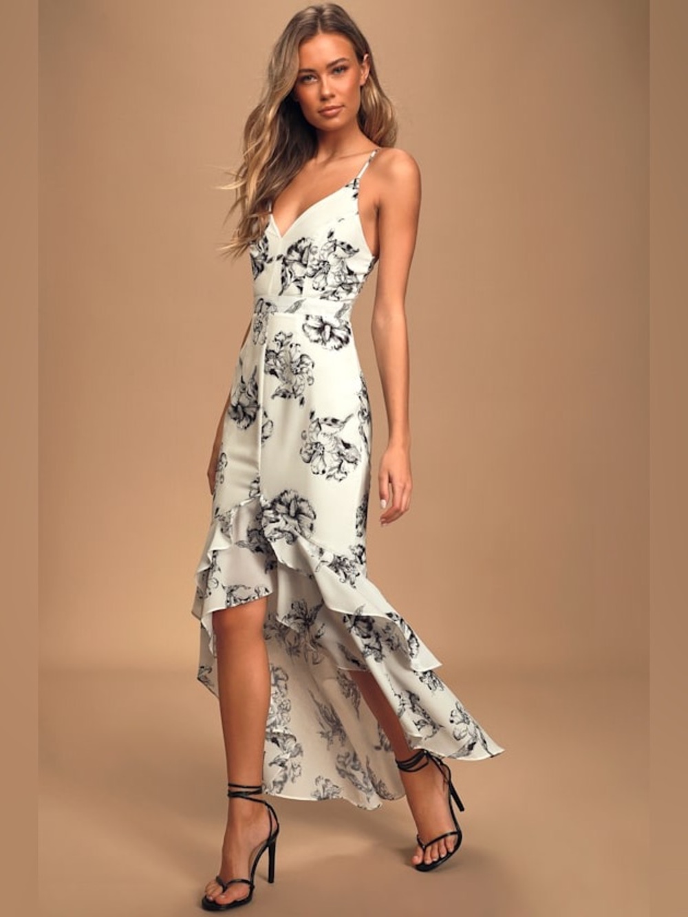 Lulus Darling Daylily Black & White Floral High-Low Maxi Dress – MED - NWT